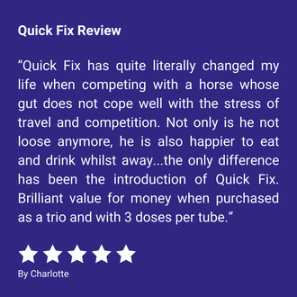 Quick Fix Review “Quick Fix has quite literally changed my life when competing with a horse whose gut does not cope well with the stress of travel and competition. Not only is he not loose anymore, he is also happier to eat and drink whilst away…the only difference has been the introduction of Quick Fix. Brilliant value for money when purchased as a trio and with 3 doses per tube.” By Charlotte