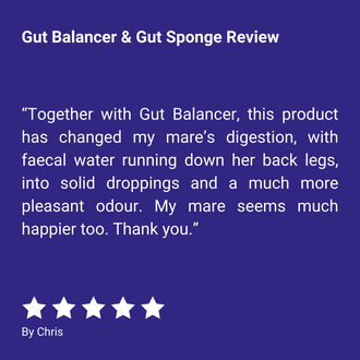 “Together with Gut Balancer, this product has changed my mare’s digestion, with faecal water running down her back legs, into solid droppings and a much more pleasant odour. My mare seems much happier too. Thank you.” By Chris